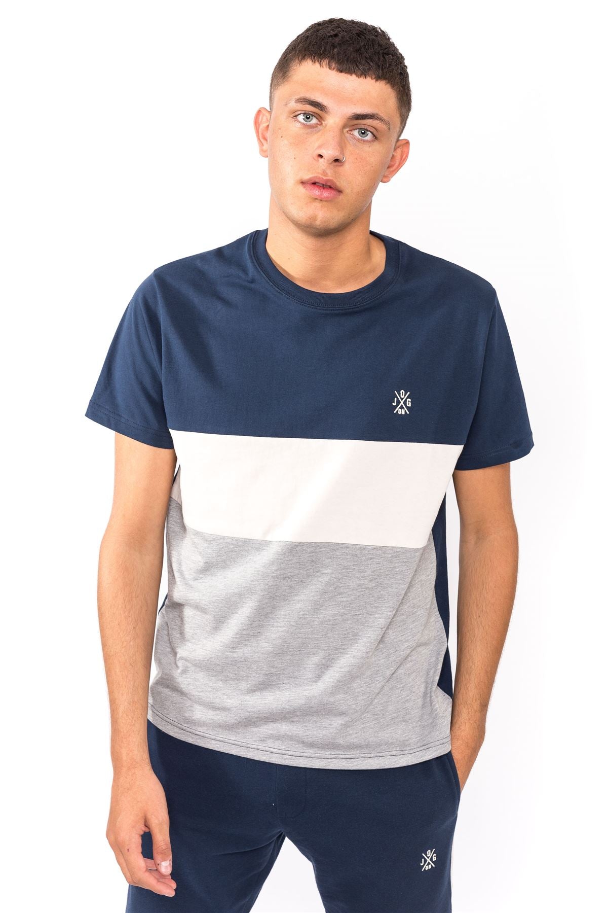 Jog On London: Premium Lightweight Short Sleeve Panel Navy/Cream/Grey T-shirt