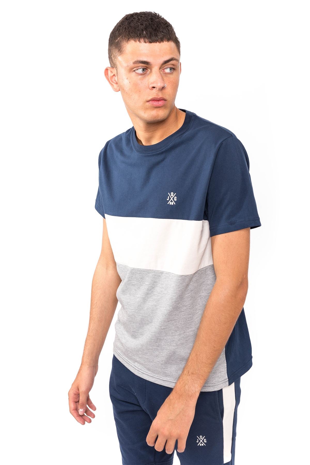 Jog On London: Premium Lightweight Short Sleeve Panel Navy/Cream/Grey T-shirt
