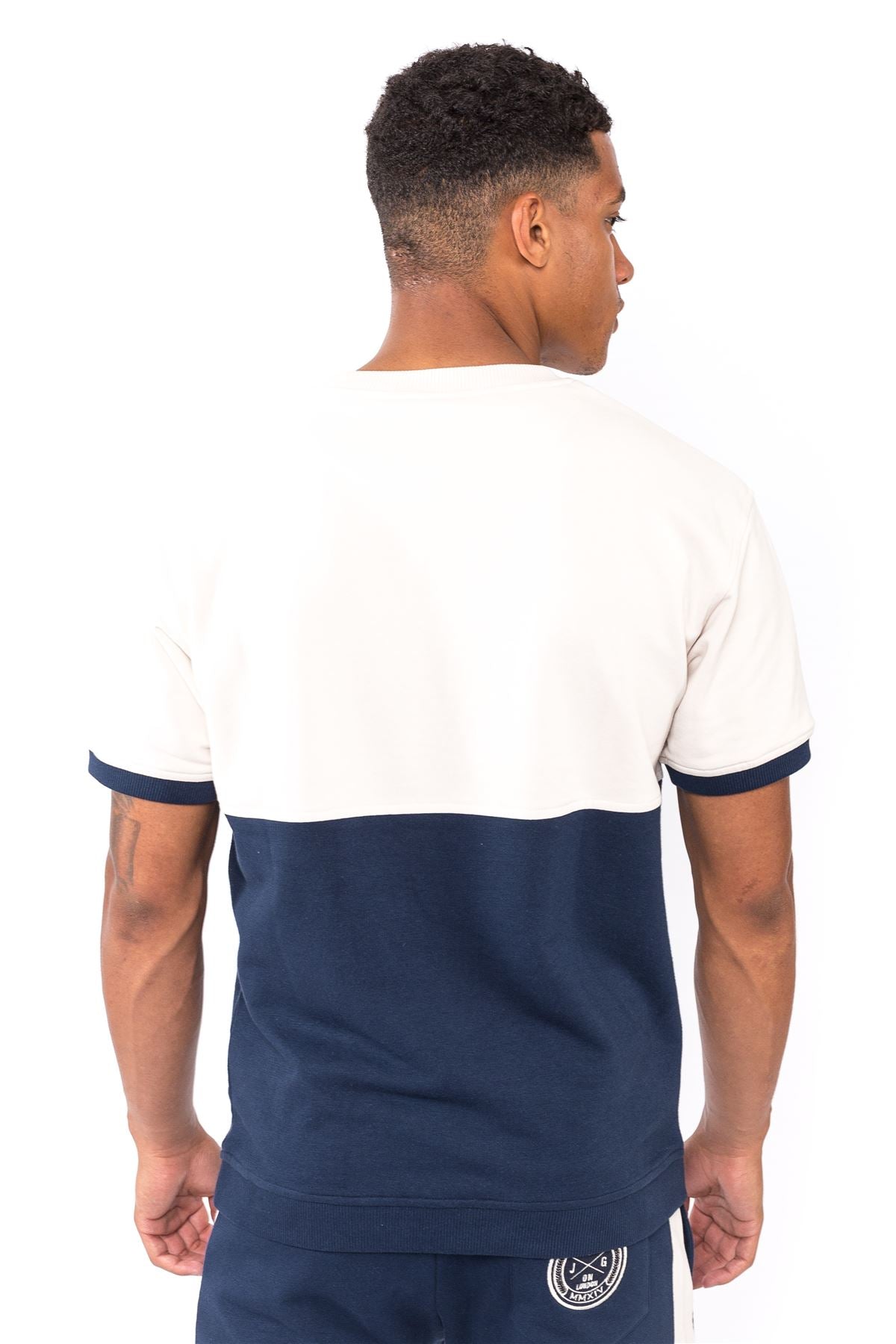 Jog On London: Premium Lightweight Short Sleeve Cream/Navy Panel Sweatshirt